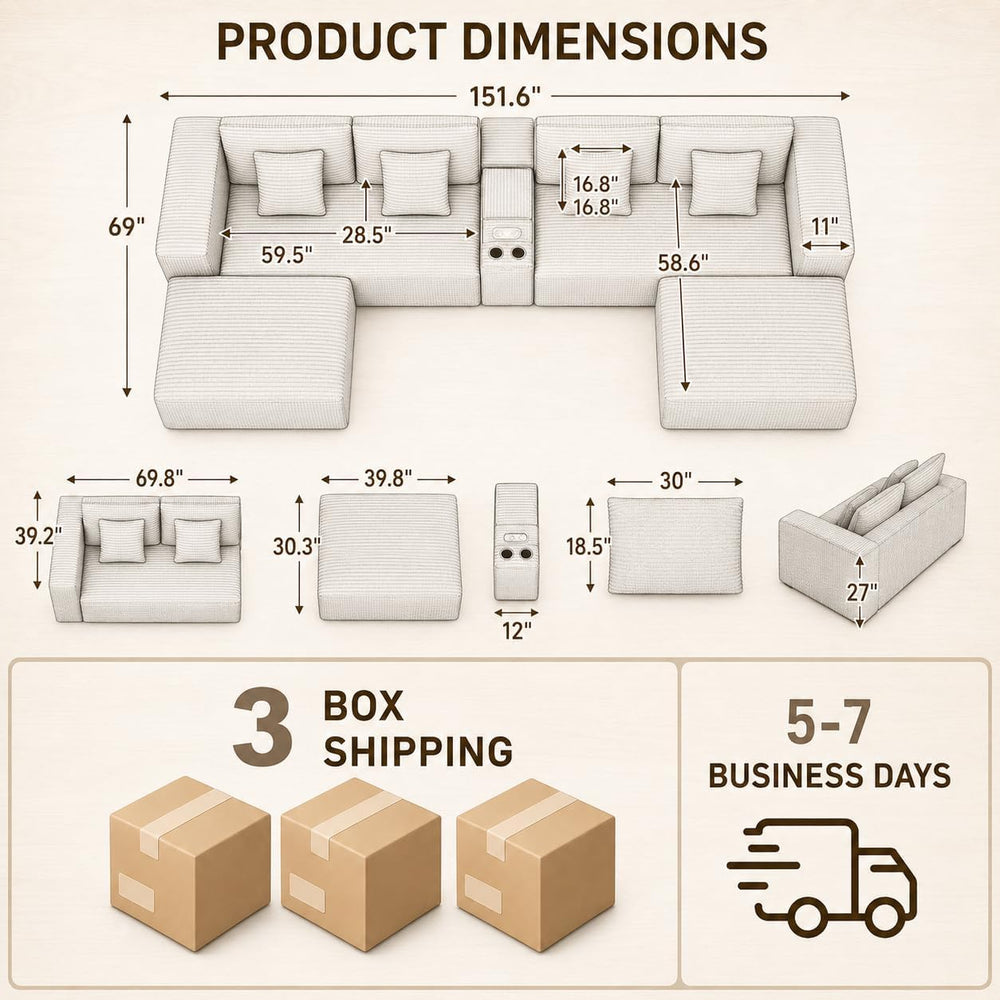 151" U Shaped Modular Sectional, Storage Console, 6 Seater, Brown | Over...