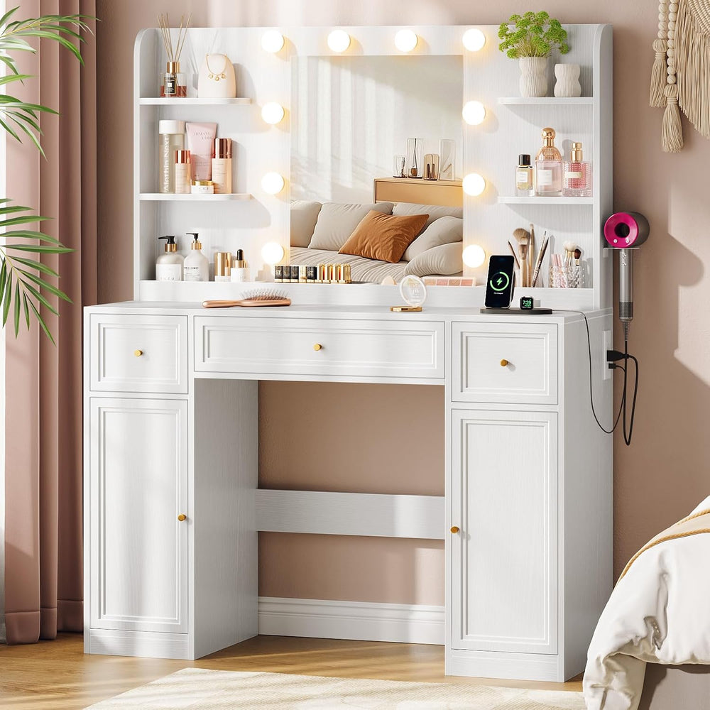 Large Makeup Vanity Desk with Mirror and Lights & Charging Station, White...