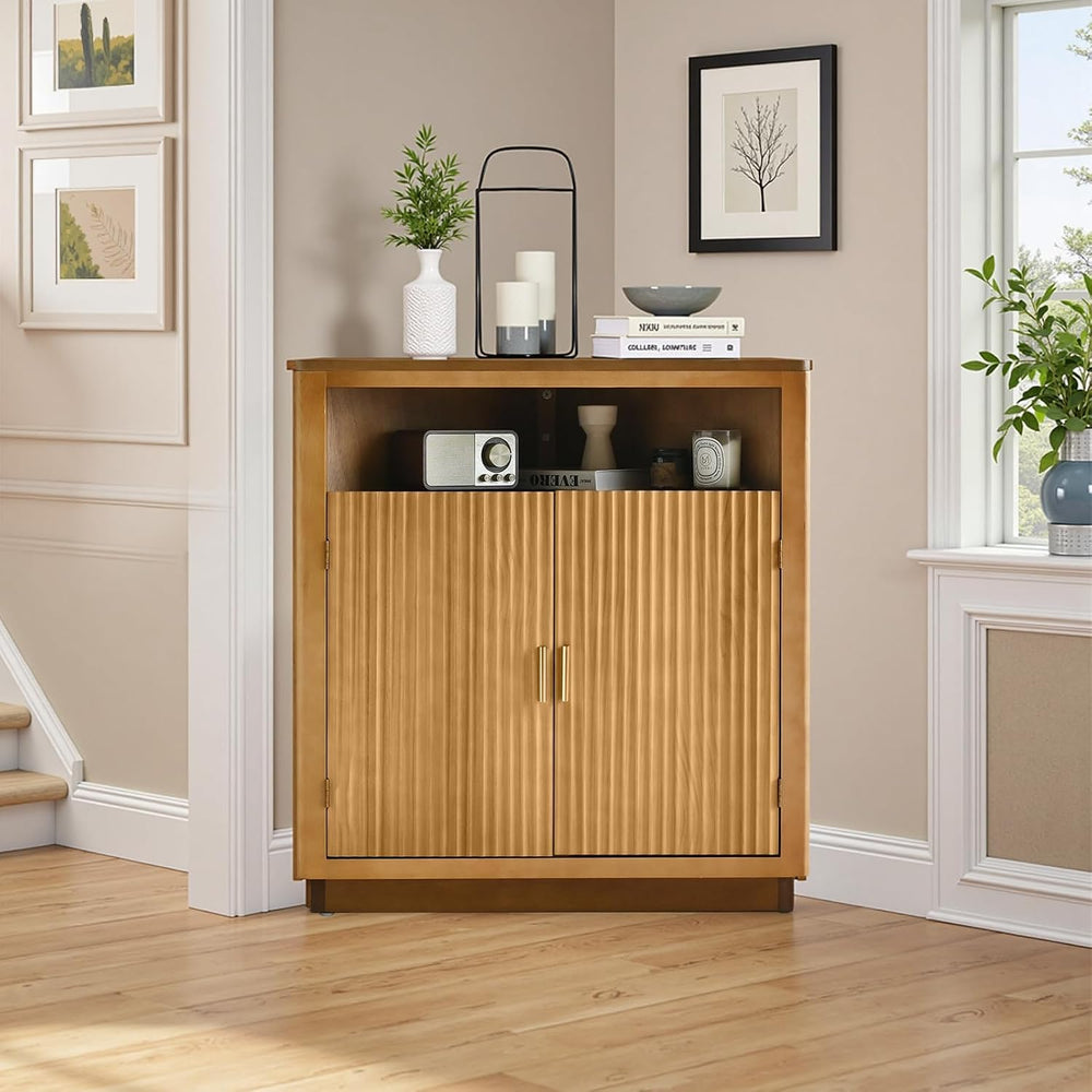Ahokua Corner Storage Cabinet with Fluted Hand-Carved Doors, riangular Accent...