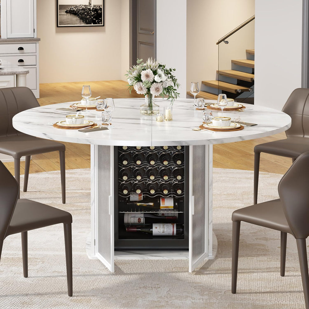 IBF 47" Round Dining Table with Storage, White Faux Marble Kitchen Table...