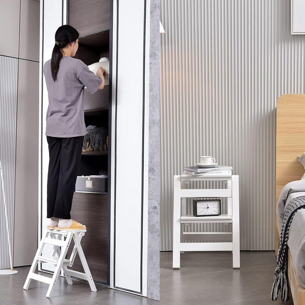 2 Step Folding Step Stool, Wooden Collapsible Closet Step Ladder for Home
