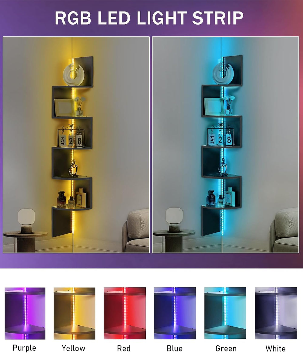 5 Tiers Corner Shelf with RGB LED Lights, 49.2" Wall Mount Floating Corn...