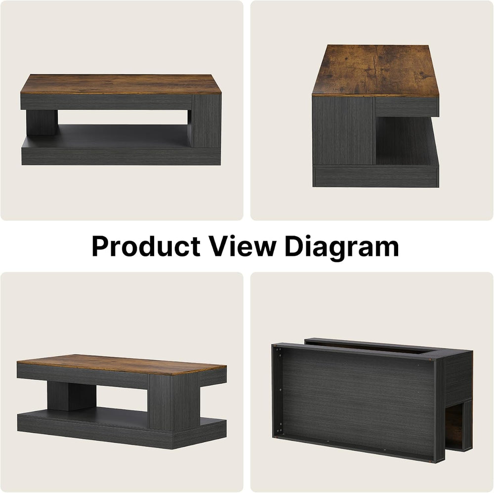Miereirl Farmhouse Coffee Table with Storage Shelf, 2-Tier Wood Rustic Center...