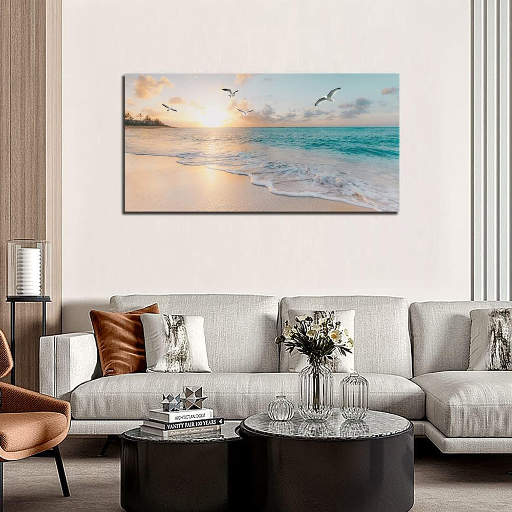 Beach Wall Art Decor for Living Room Ocean Canvas Picture for Wall Gold Sunse...
