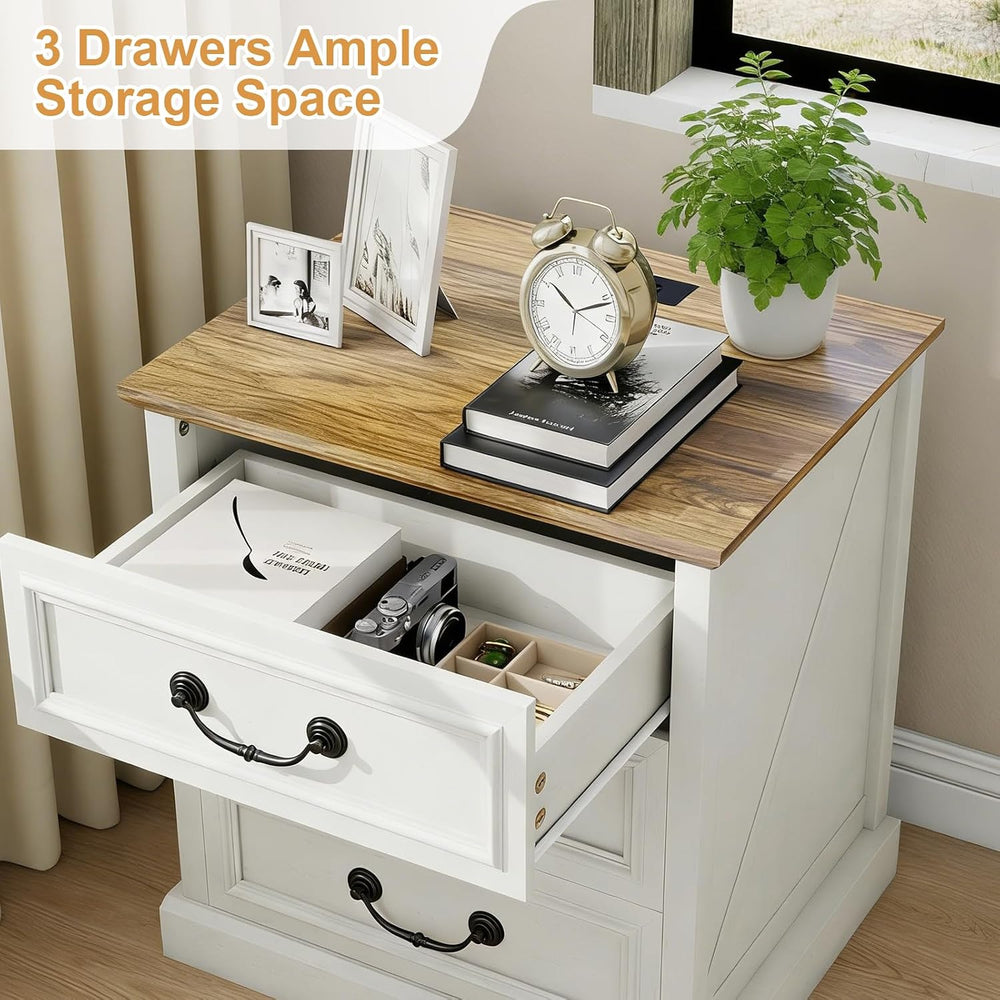 MUUEGM Night Stand with Charging Station Set of 2 Rustic White Bedside End Ta...