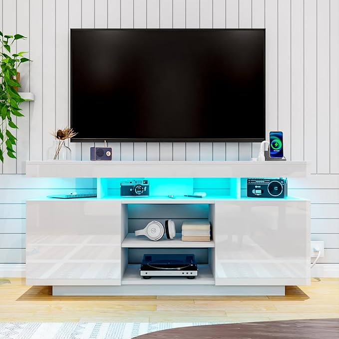 HOMMPA Modern LED TV Stand for 55/50/43/40/32 inch TV with Power Outlets, Gam...