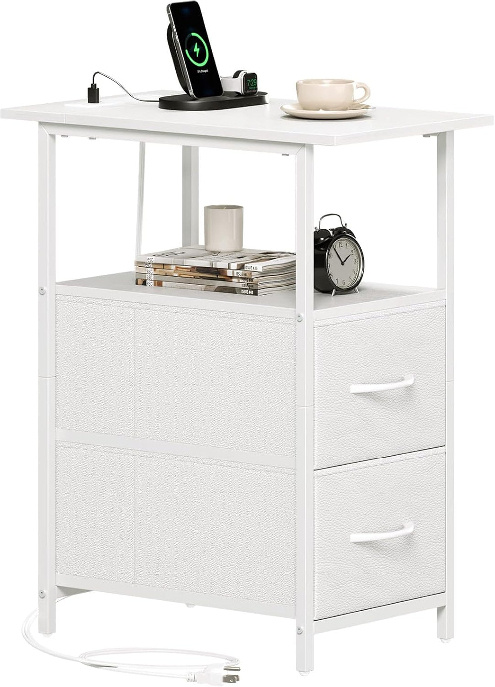 Somdot End Table with Charging Station, Narrow Side Table with 2 Fabric Drawe...