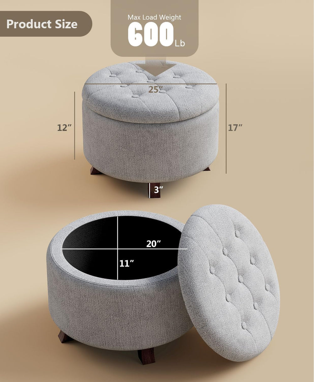 OS MOTOR Round Storage Ottoman Bench, Light Gray, 25 Inches | Multi-Functiona...
