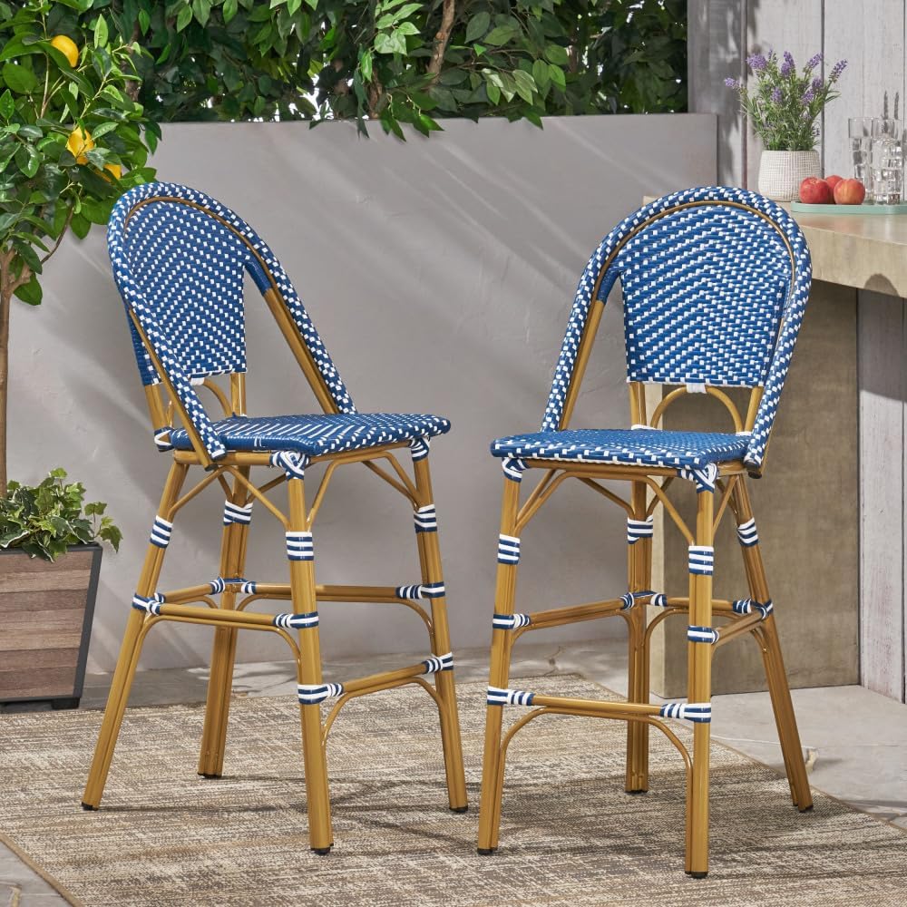 Saiveina 29.5" Outdoor PE Rattan French Barstool, White and Black, Alumi...