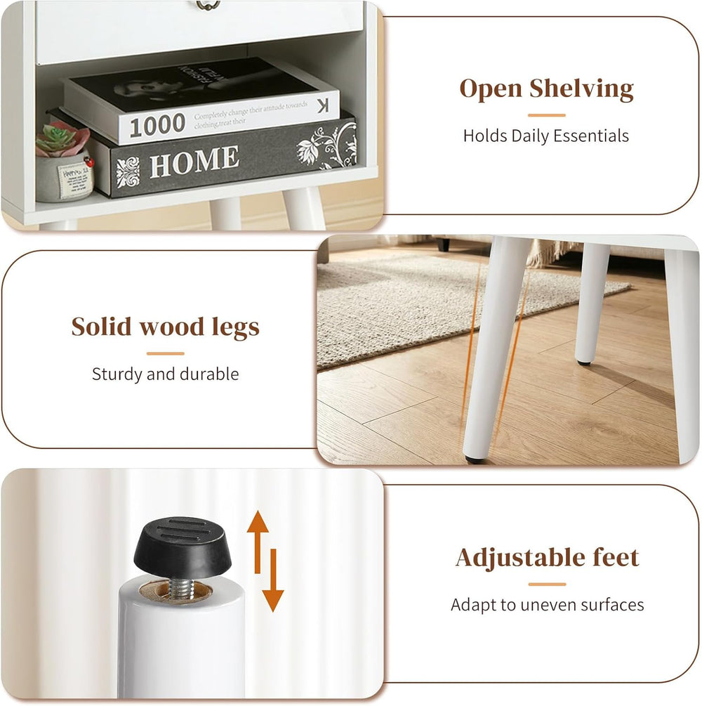 Bonnlo White Nightstand Set of 2, Modern Bedside Table with Drawer Open Shelf...
