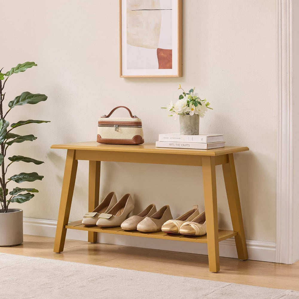 Kings Brand Wood Entryway Shoe Bench with Storage Shelf, Honey Mustard | Stor...
