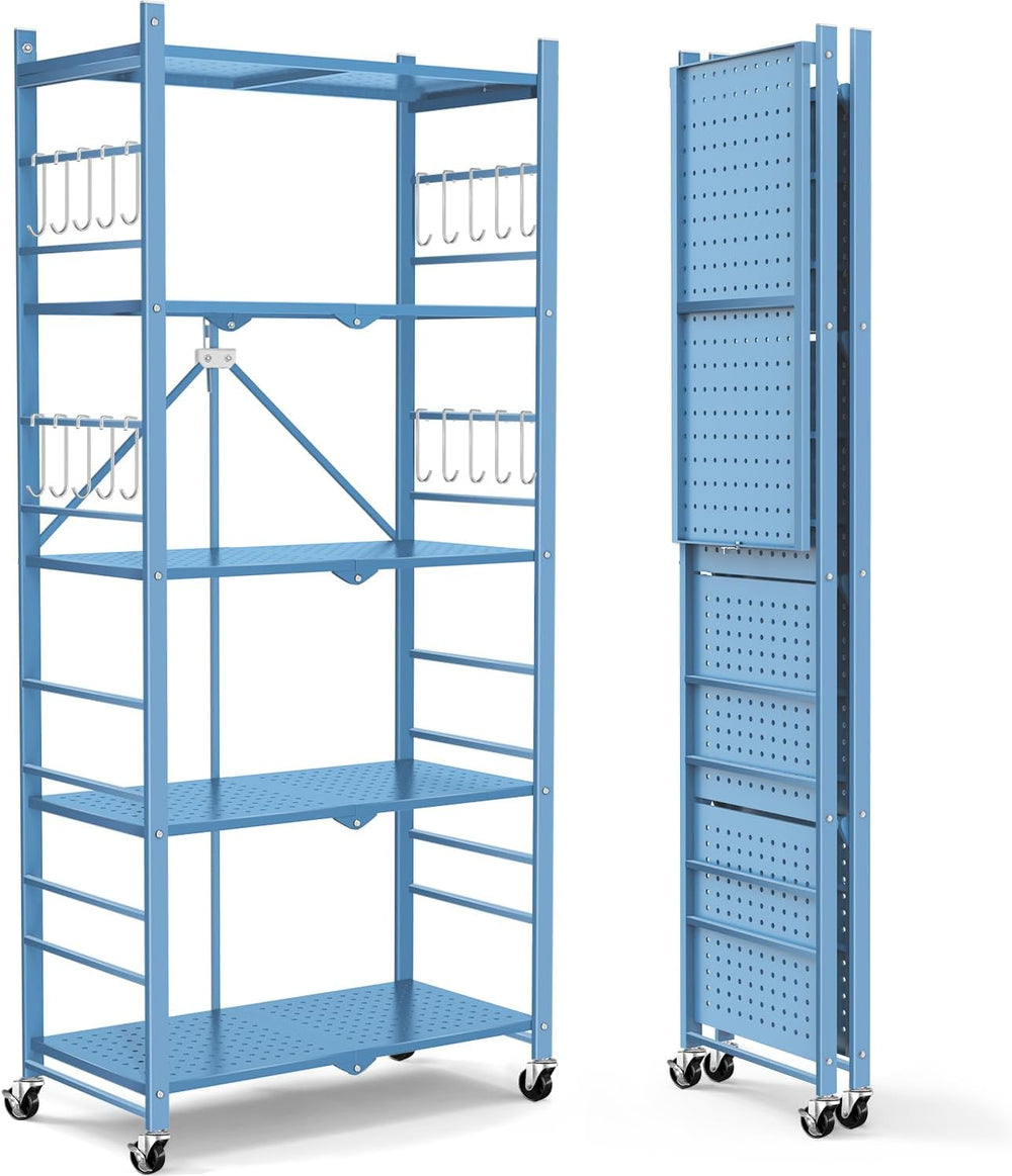Himix 5-Tier Foldable Storage Shelves with 20 Hooks Wheels Garage Blue