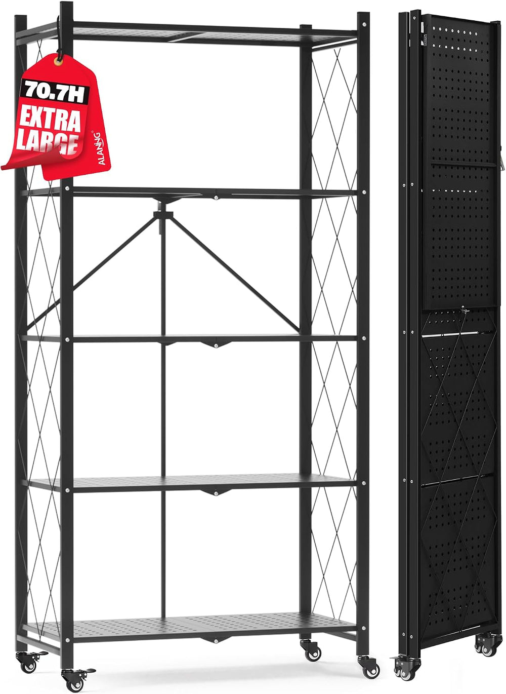 ALANNG 70.7" H Metal Storage Shelves, 5 Tier Folding Shelf on Wheels