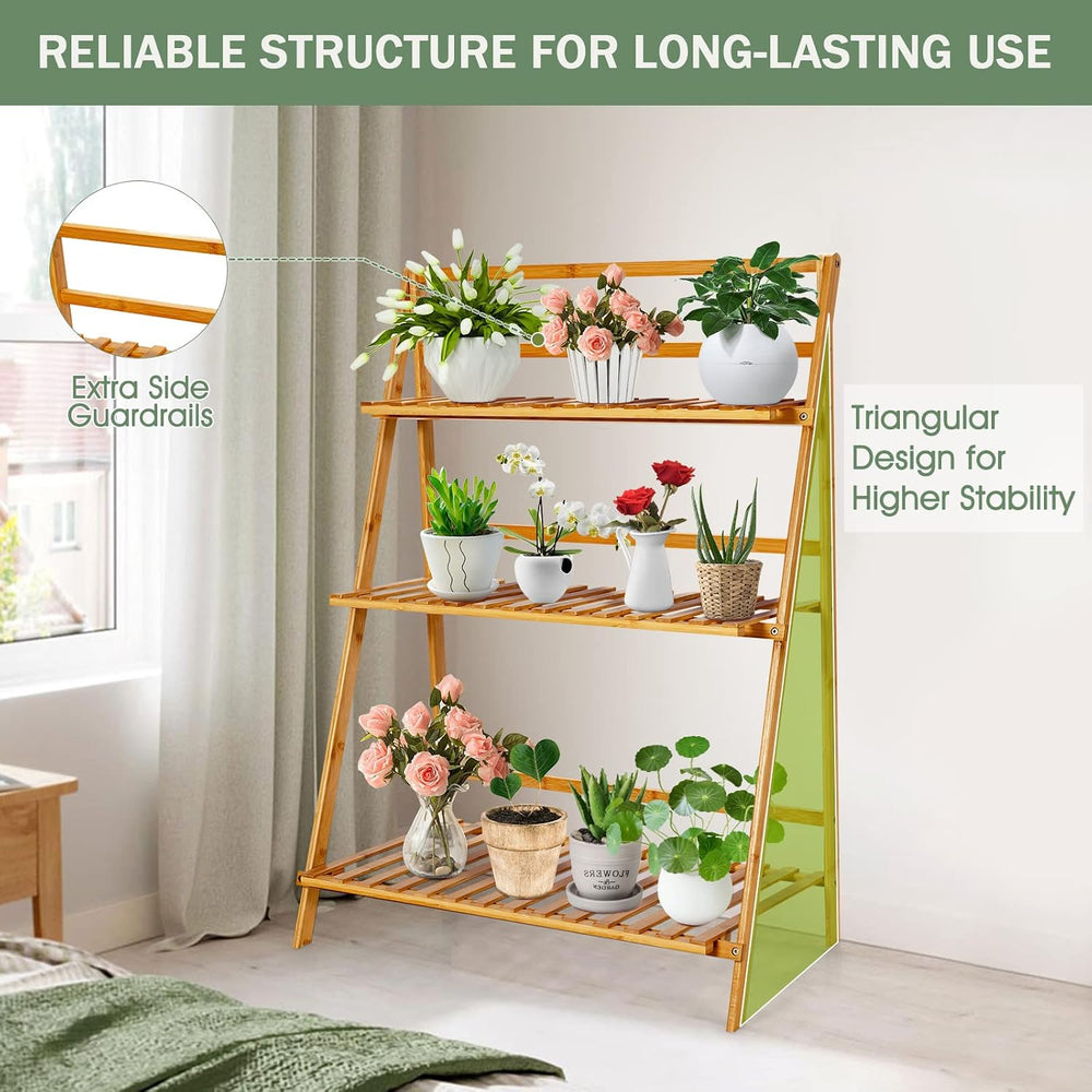 COSTWAY Bamboo Plant Stand, Foldable Multifunctional Flower Display Ladder Sh...