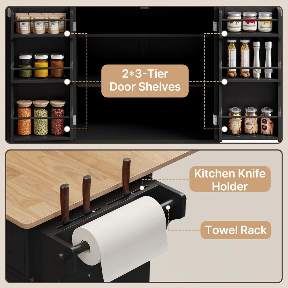 Ahomly Kitchen Island with Storage, Black, 44.49" W