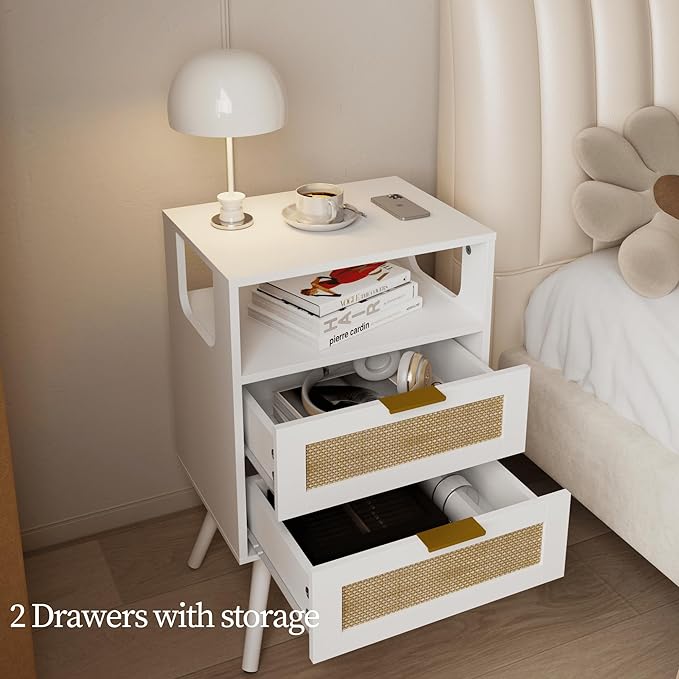 Rattan Nightstand,Farmhouse Bedside Table with 2 Storage Drawer and Open Wood...