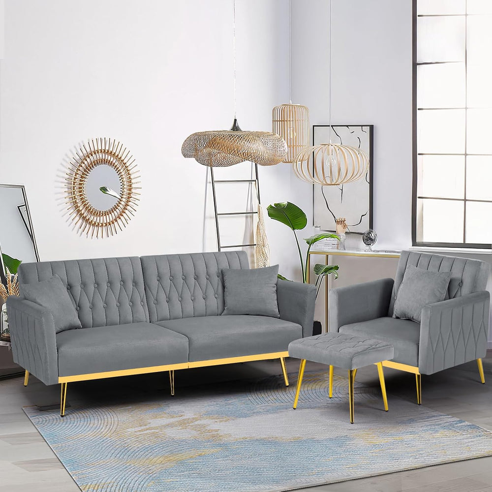 2 Pieces Velvet Sofa Set with Adjustable Armrest and Backrests, Grey