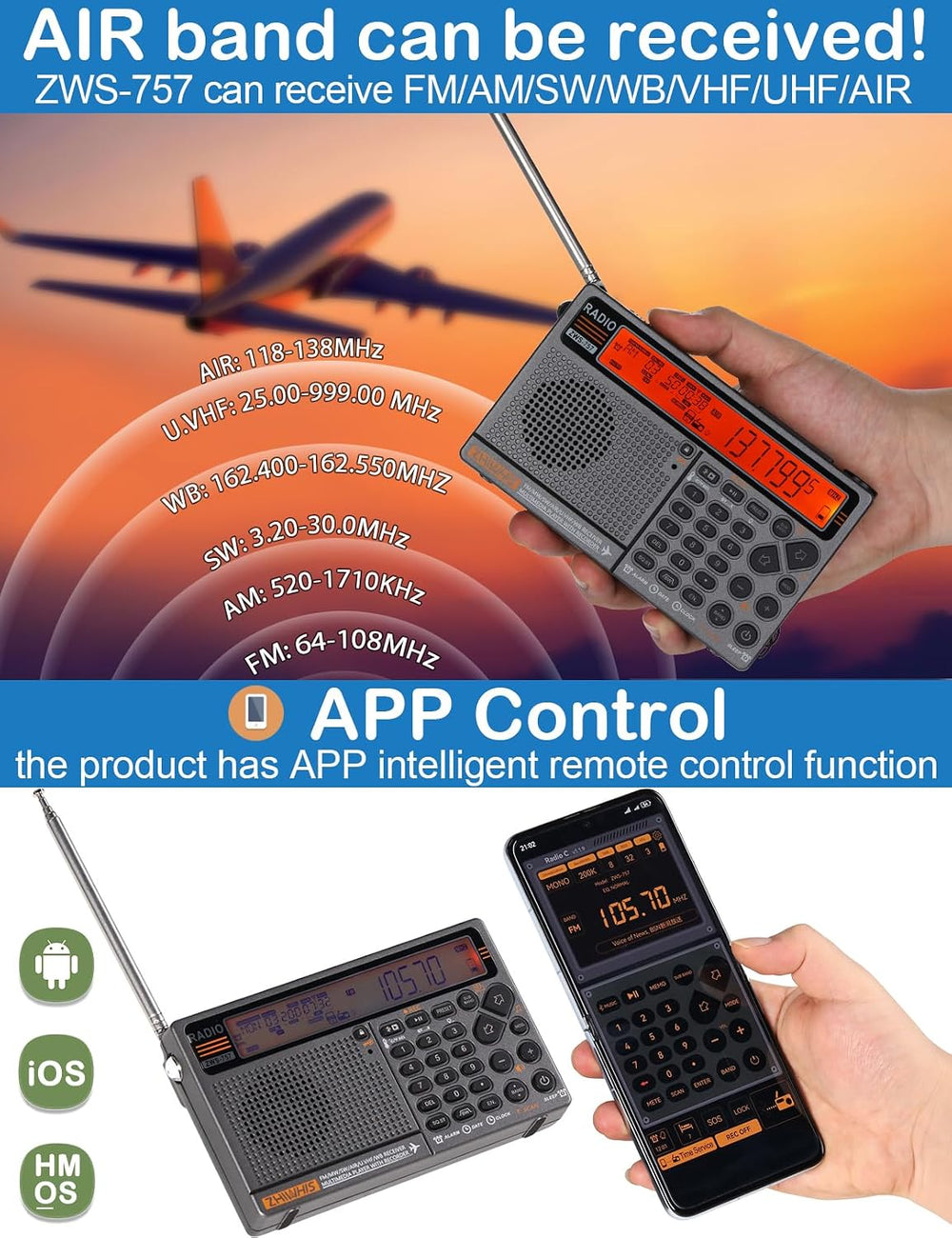 ZHIWHIS Shortwave Radio with APP Control and Antenna Port, AIR AM FM SW UHF V...