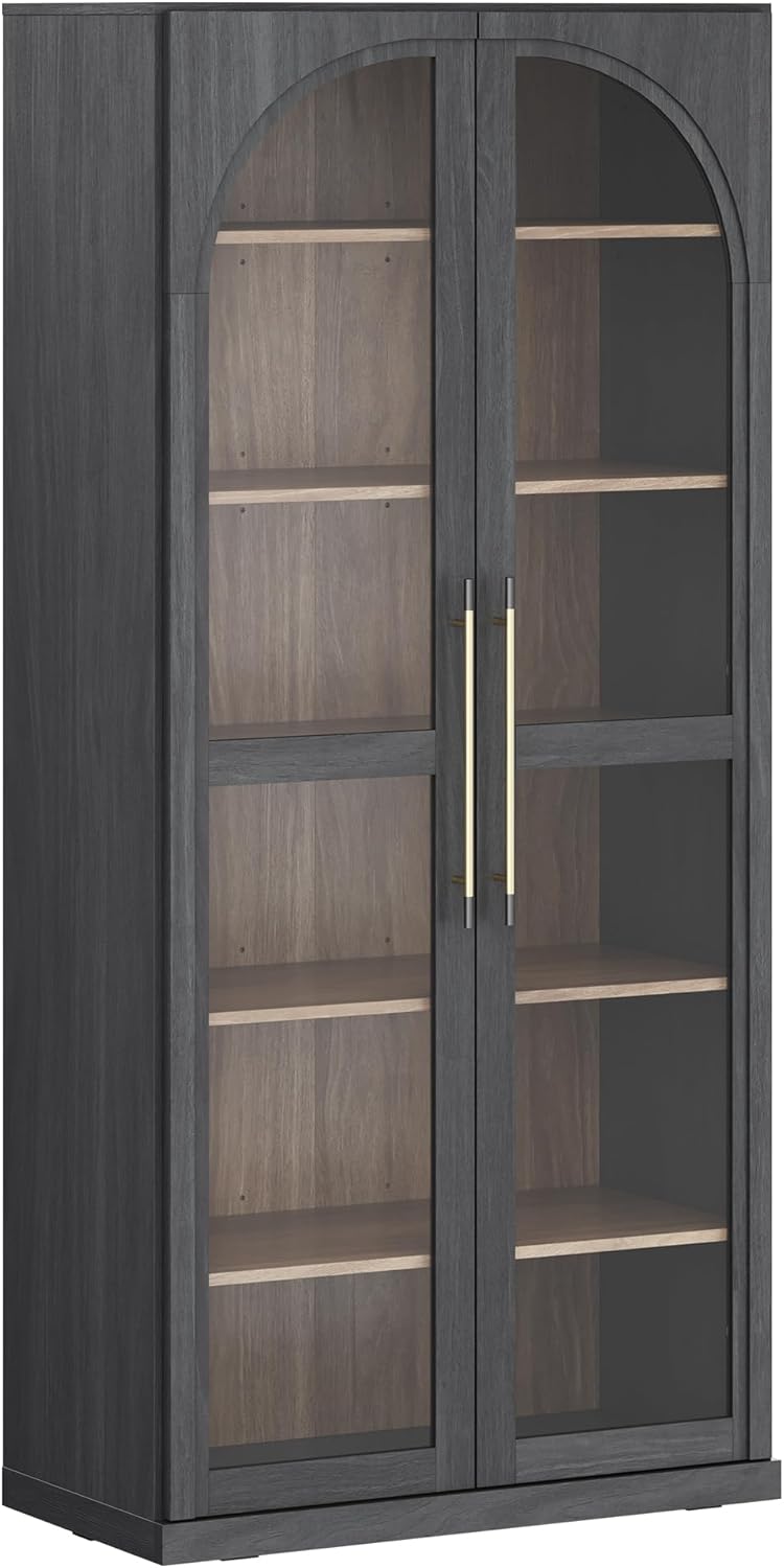 BELLEZE 67" Tall Glass Display Cabinet, Modern Wood Curio Cabinet Bookca...