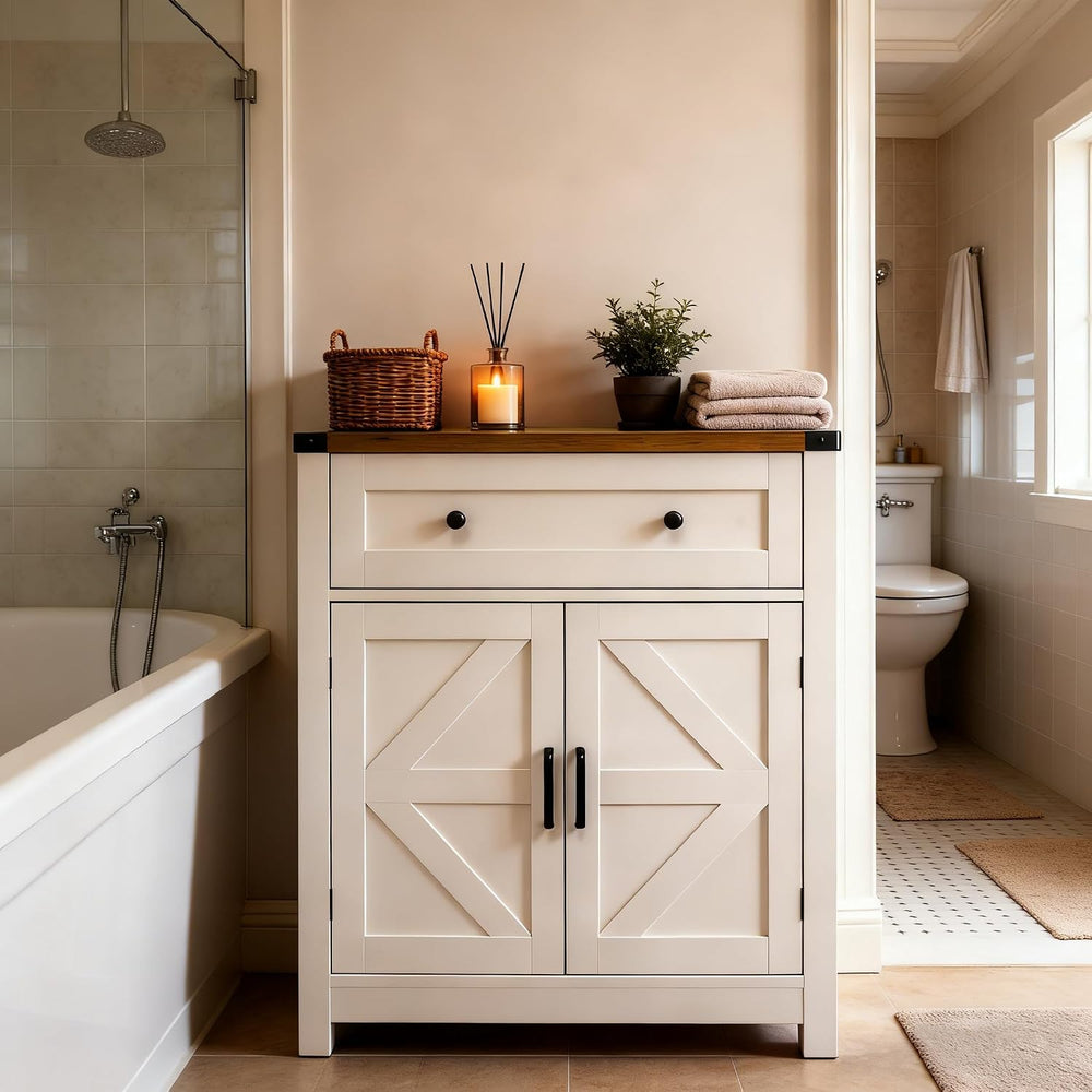 Farmhouse Barn Door Storage Cabinet with Drawer, White Wood Grain Coffee Bar ...