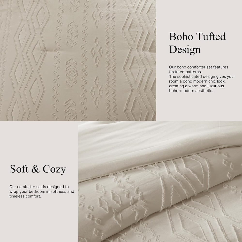 King Size Comforter Set Beige Tufted Boho Bedding Sets Farmhouse 7 Pieces