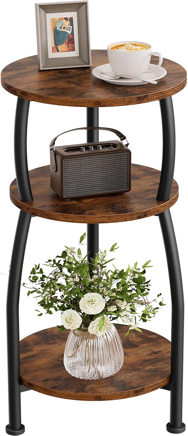 Small Round Side Table for Small Spaces, 3-Tier End Table with Storage Shelf,...