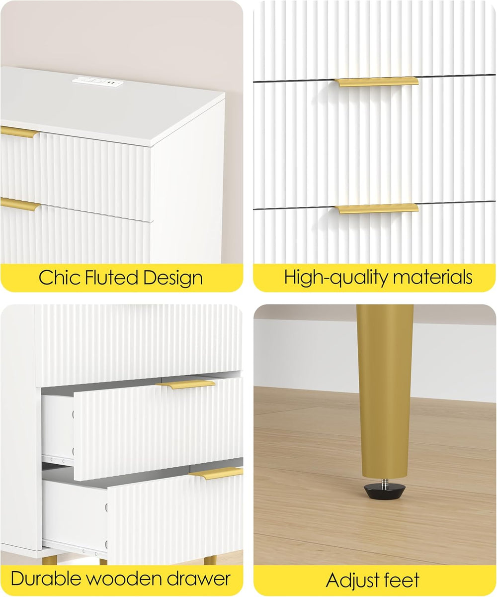 Akxomel Fluted Nightstand Side Table with Charging Station White Bedroom | 3 ...