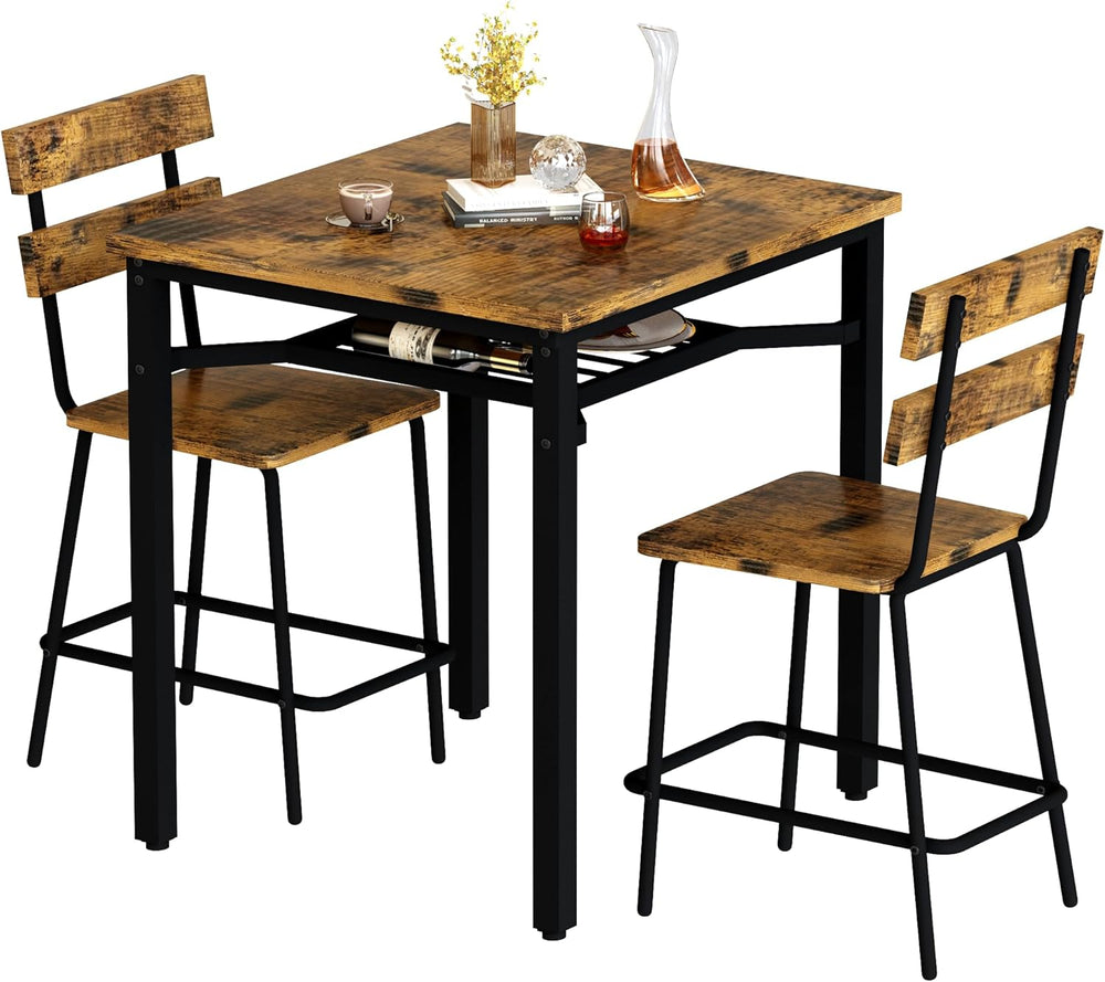 Hooseng 3 Piece Bar Table and Chairs Set, Counter Height Small Dining Table w...