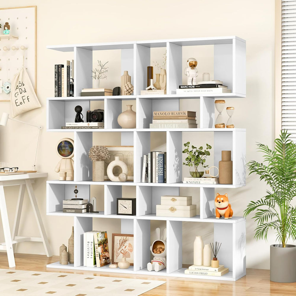 Giantex 5-Tier Geometric Bookshelf White, 70'' Tall Wood Freestanding...