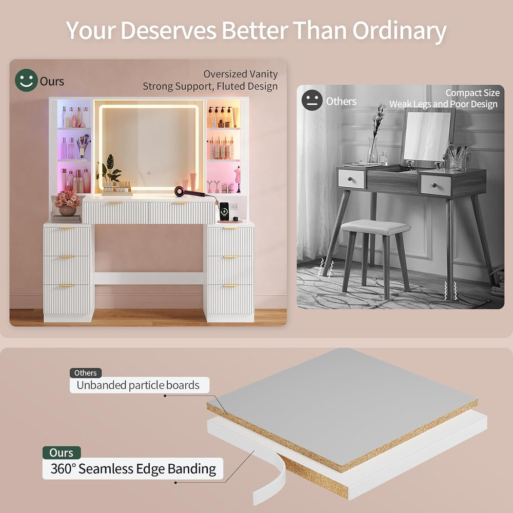 Big Vanity Desk, Fluted Makeup Vanity with Mirror Lights, Dressing Table | La...