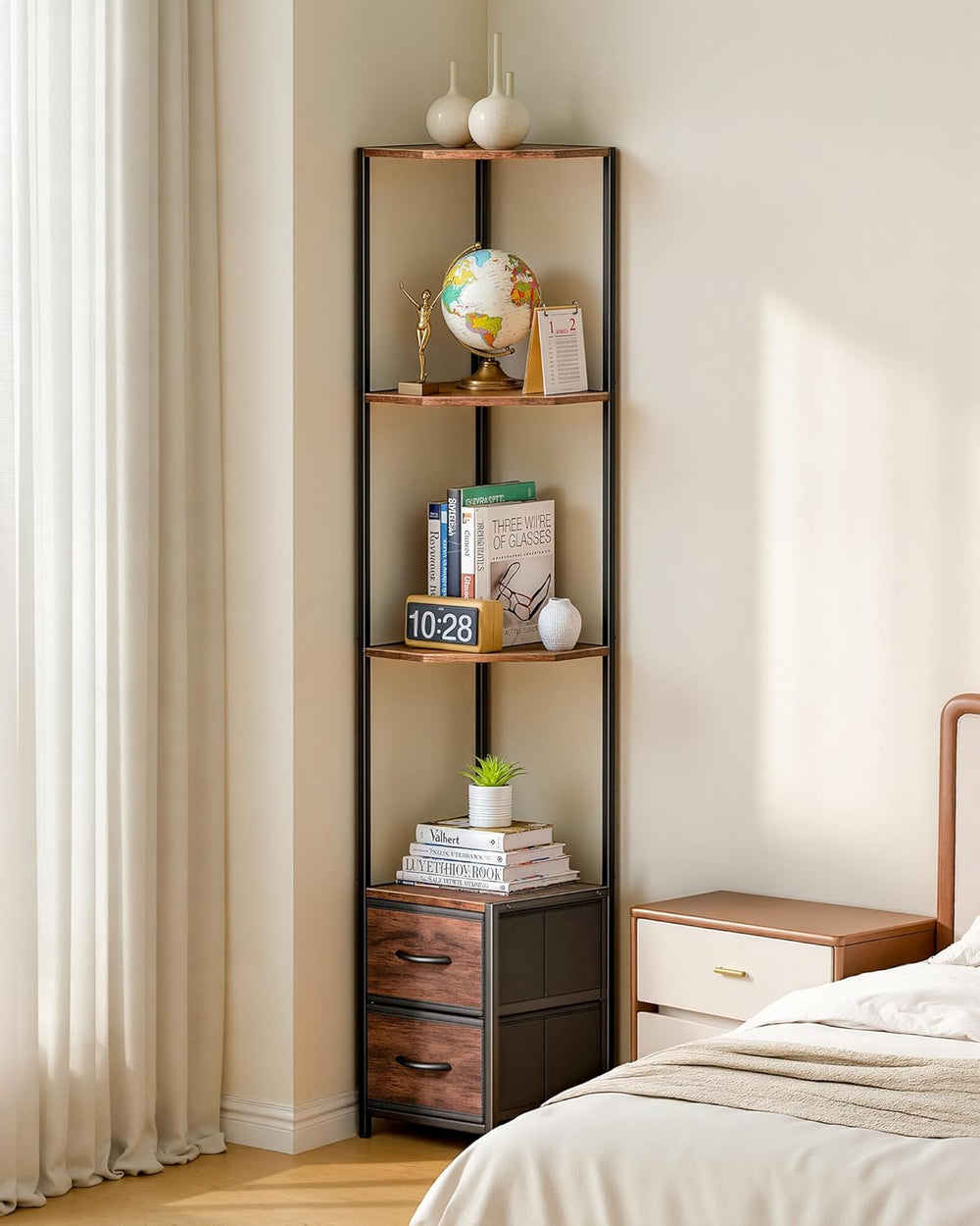 Housolution 6 Tier Corner Shelf Stand with Storage and Fabric Drawers,Brown