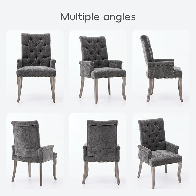 Upholstered Tufted Chenille Dining Chairs with Arms & Nailhead Trim – Sol...