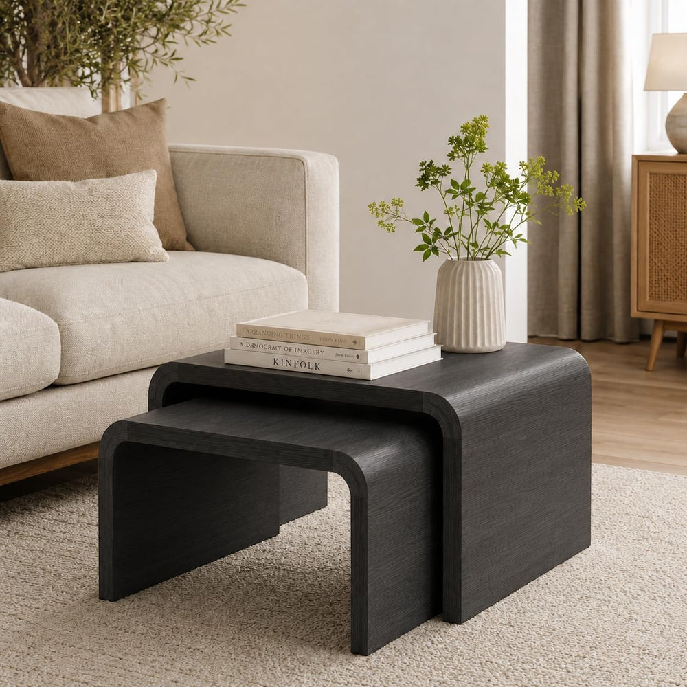 Stead Curved Nesting Coffee Table Set of 2, Modern Wood Nesting Tables for Li...