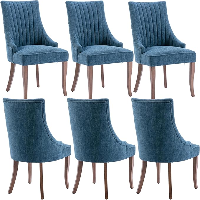 mikibama Linen Dining Chairs Set of 6 Channel Tufted Kitchen Dinner Chair Com...