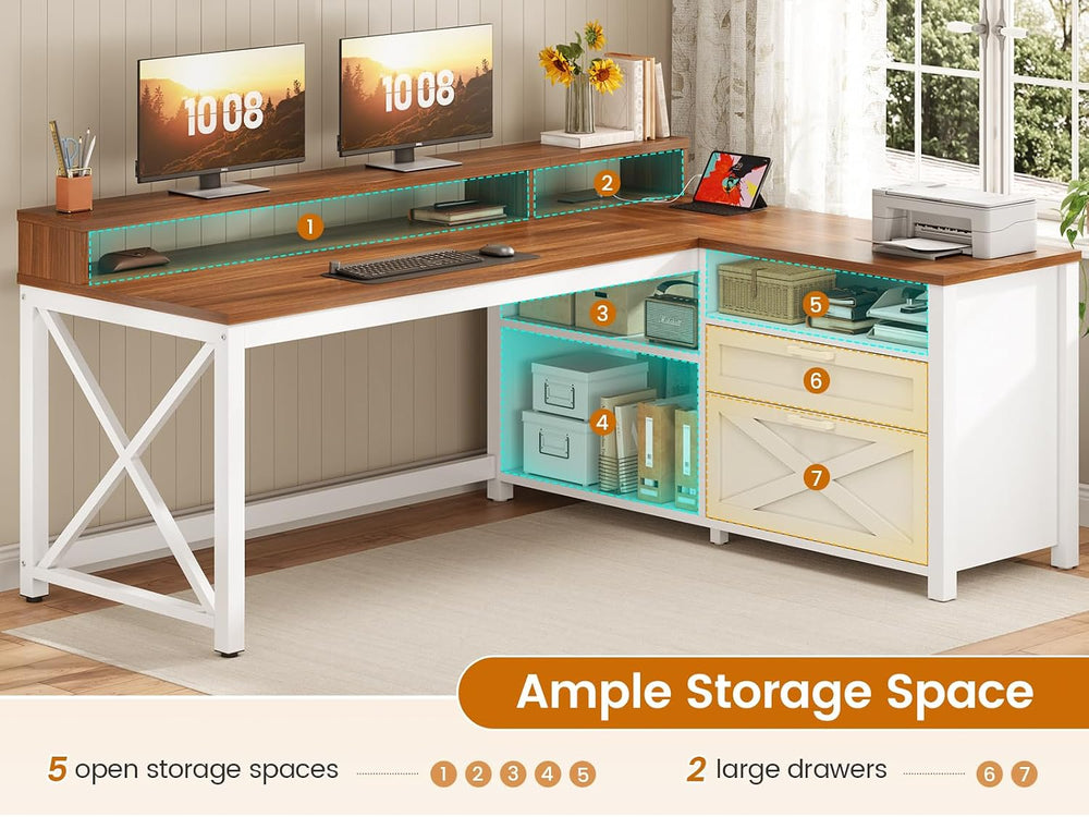 SEDETA Farmhouse L Shaped Desk, 55" Home Office Desk with Drawers and St...