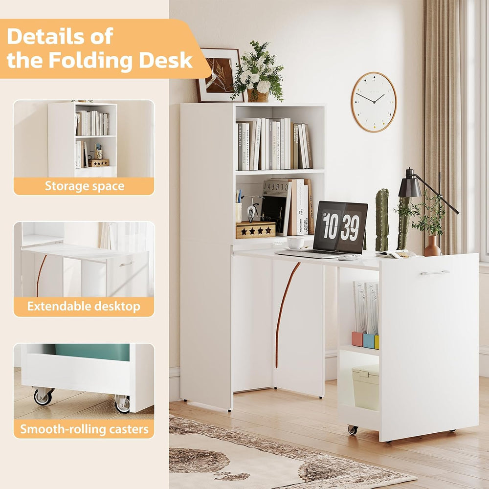 Zevemomo Folding Desk, Convertible Table with Shelves & Wheels - White