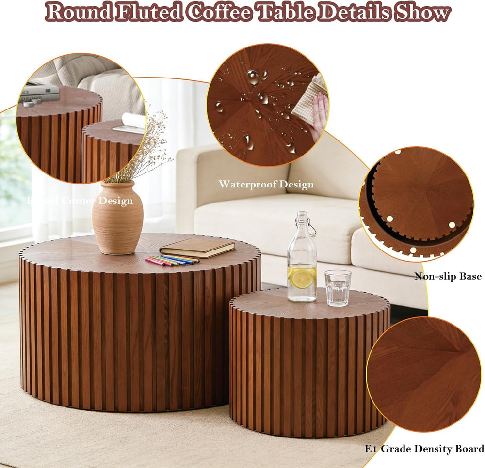 Handcraft Round Nesting Coffee Table (27.6in+19.7in) | Chic Wave Stripe Edge ...