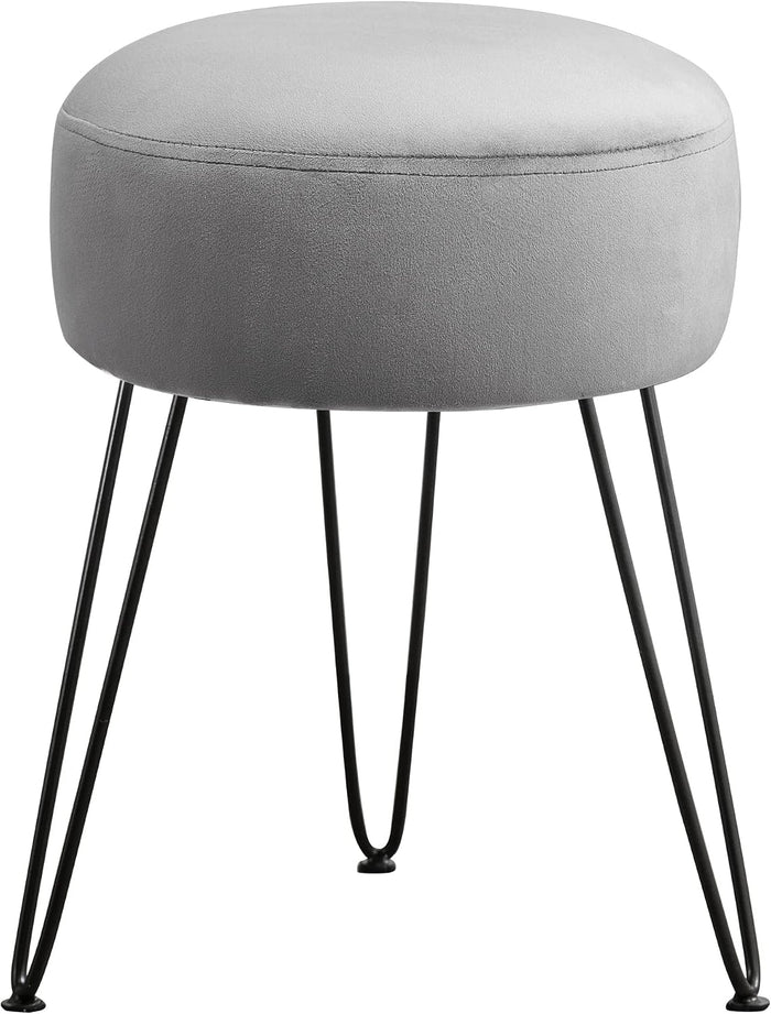 LUE BONA Vanity Stool, Gray Vanity Stools for Makeup Room, Round Ottoman Foot Stool, Velvet Footrest Vanity Chair for Bathroom Vanity, Bedroom, Living Room, Entryway, Offices, 300lbs
