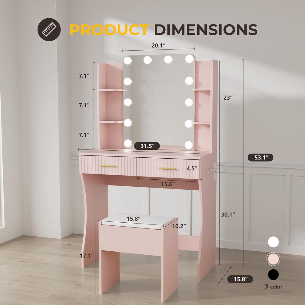 Otterease 31" Makeup Vanity Desk with LED Mirror and Storage Stool, Pink...