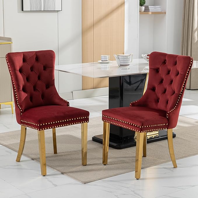Mid Century Modern Dining Chairs Set of 6, Red Velvet Upholstered Tufted Back...