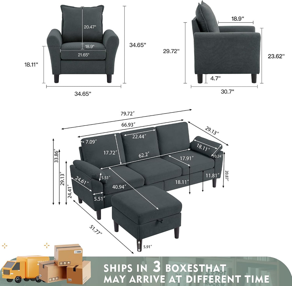 79" Convertible Sectional Sofa Set, Modern Linen Small L Shaped Couch wi...