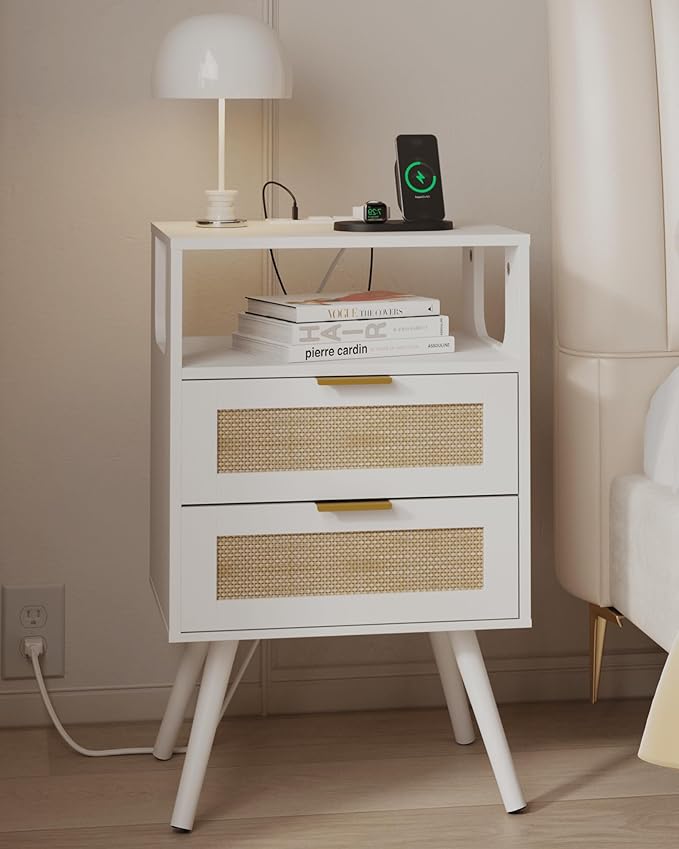 Rattan Nightstand with Charging Station,Farmhouse Bedside Table with 2 Storag...