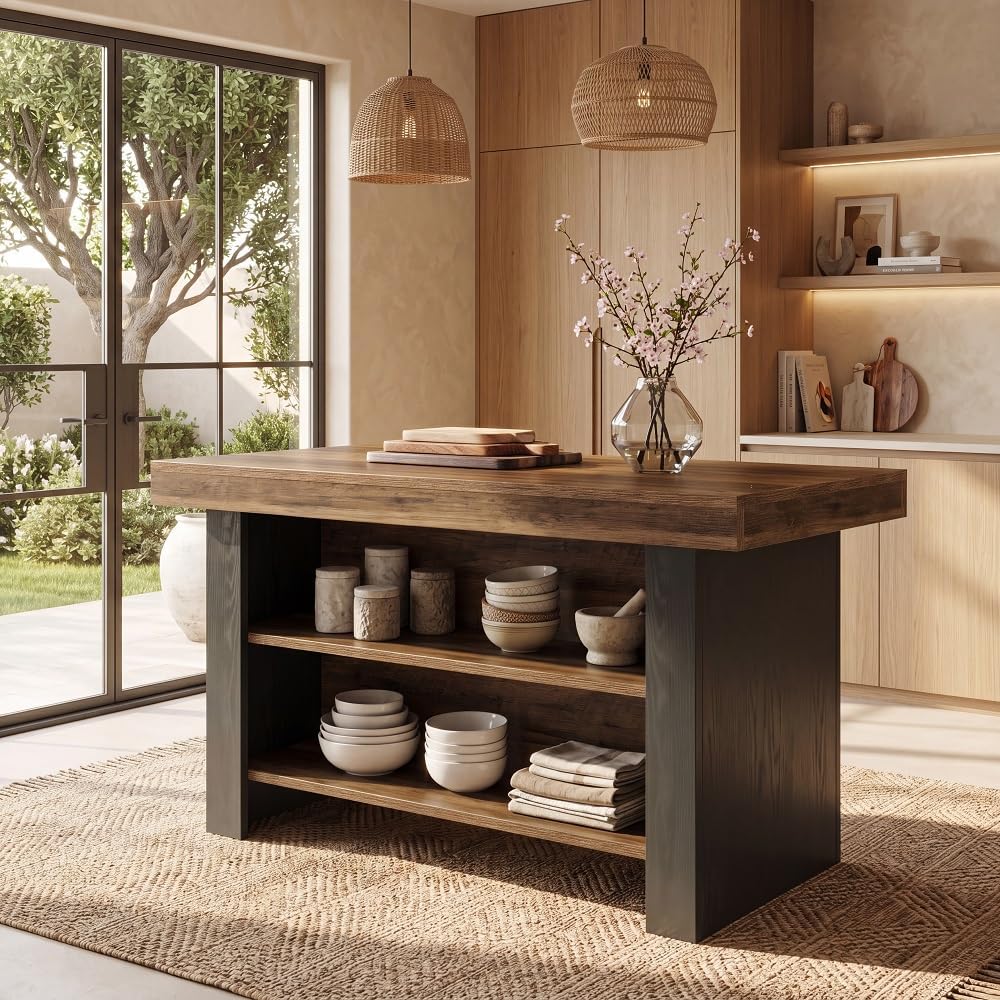 Tribesigns 55 Inch Kitchen Island Table with 2-Tier Storage, Farmhouse Center...