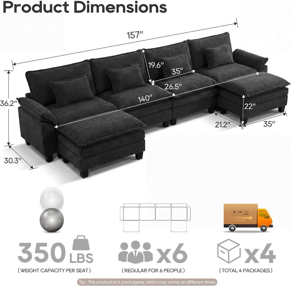 URRED Oversized Modular Sectional Sofa,Solid Black:157" U Shaped | Moder...