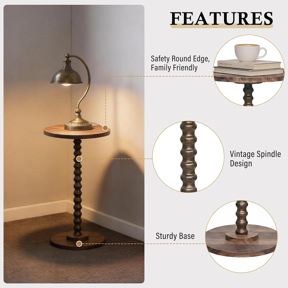 Round Side Table, Walnut Martini Drink Table for Small Spaces, Modern Pedesta...