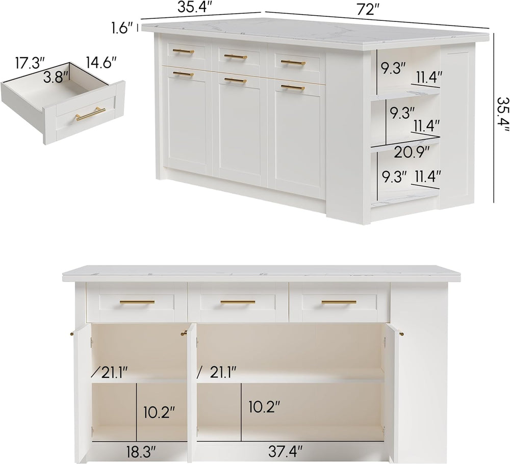 homary Kitchen Island with Bar Stools Set,71" White Kitchen Island with ...