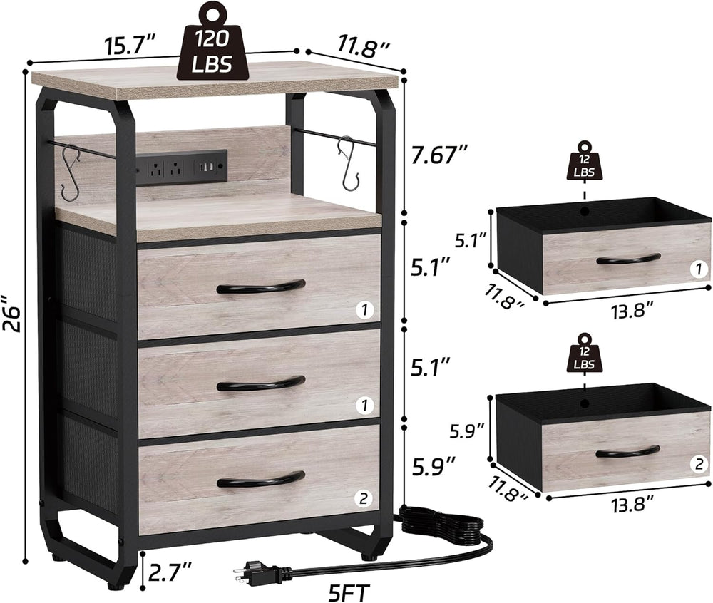 runjuly Bed Side Table with 3 Fabric Drawers, Night Stand with Charging Stati...