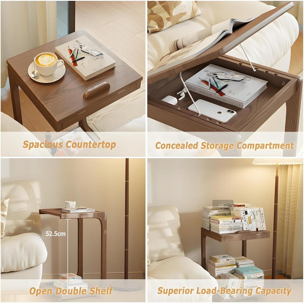 C Shaped Adjustable Solid Wood TV Tray Table with Wheels - Removable Side Tab...