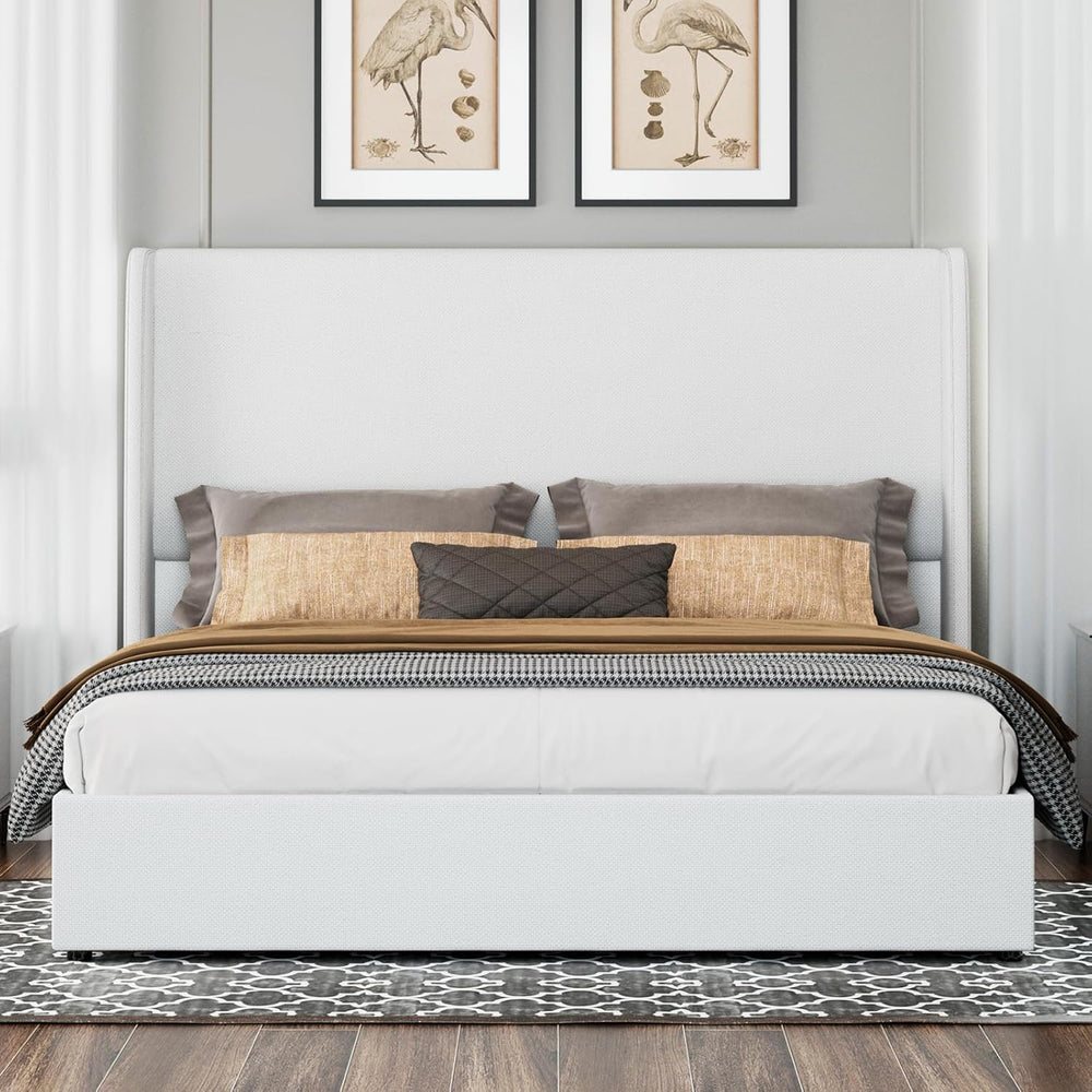 Jocisland Queen Lift Up Storage Bed Frame, Linen Wingback Headboard, White