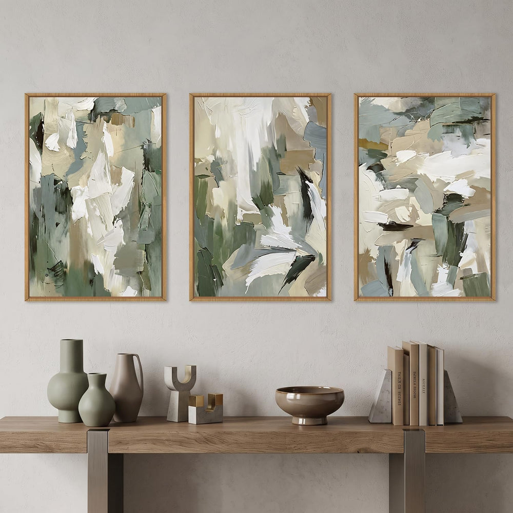 Large Abstract Green Beige Framed Canvas Wall Art Set,Neutral Brush Stroke Wa...